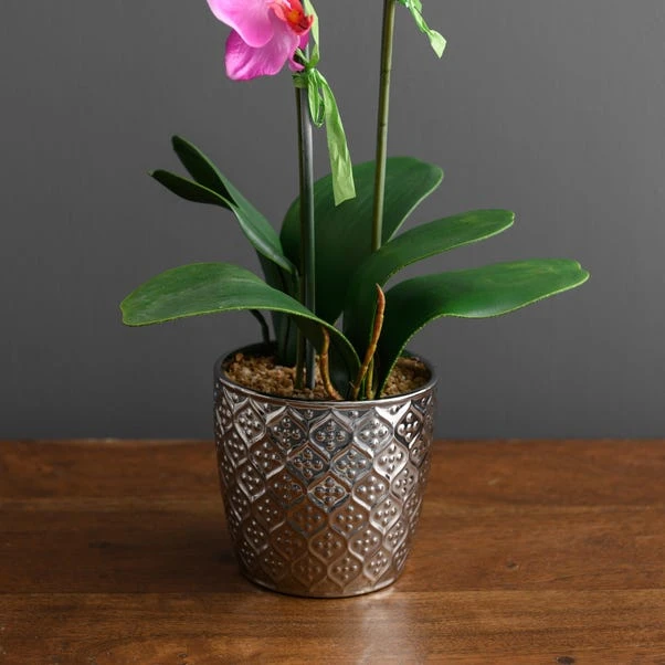 Artificial Orchid Pink In Silver Vase 28cm 1 Artificial Orchid Pink In Silver Vase 28cm
